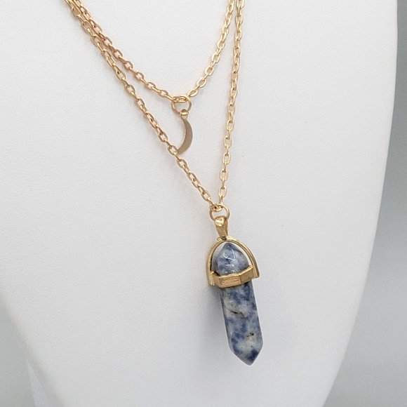 Womens Gold Tone Blue Quartz Stone Pendant Necklace Half Moon Accent 18 in - Picture 2 of 6